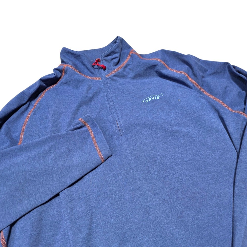 Orvis Trout Bum Pullover Mens XL Blue Quarter Zip Contrast Stitching Logo